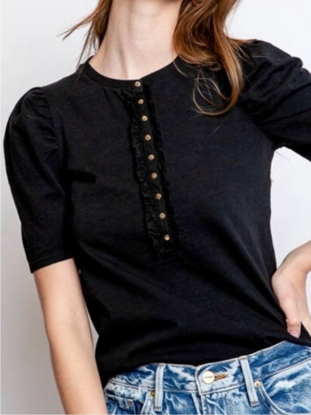 Nation Ltd Cleo Top Size XS Black Puff Sleeve Ruffle Snap Shirt Dark Coquette